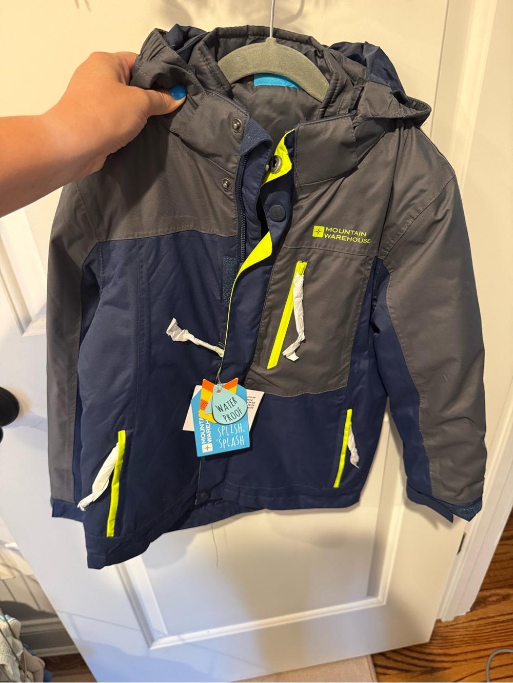 Mountain Warehouse Kids Navy and Gray Waterproof Raincoat with Neon Yellow Trim
